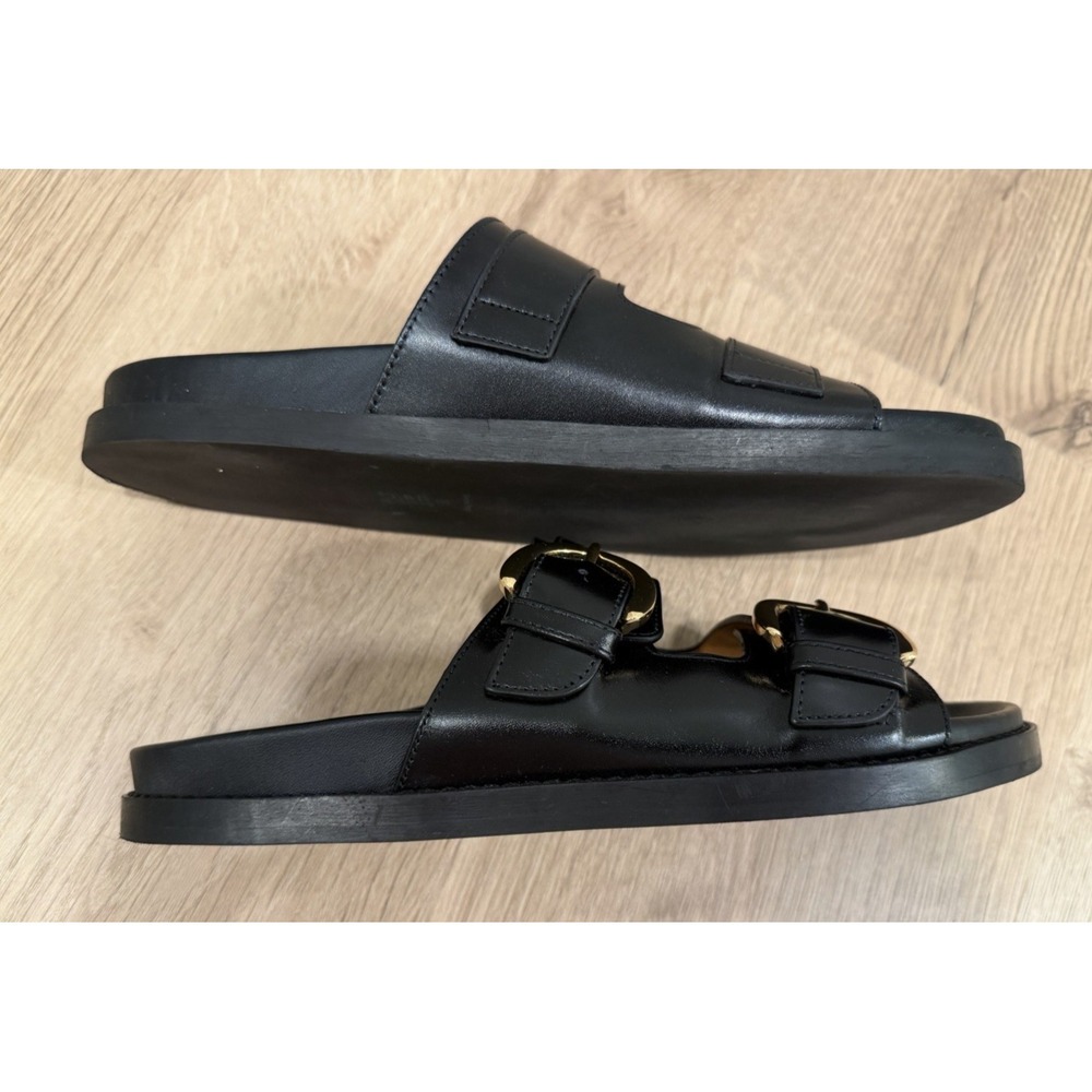 Smooth Black Leather Souliers Sezane Lenny low mules Gold buckles 38 7.5 - Picture 4 of 7